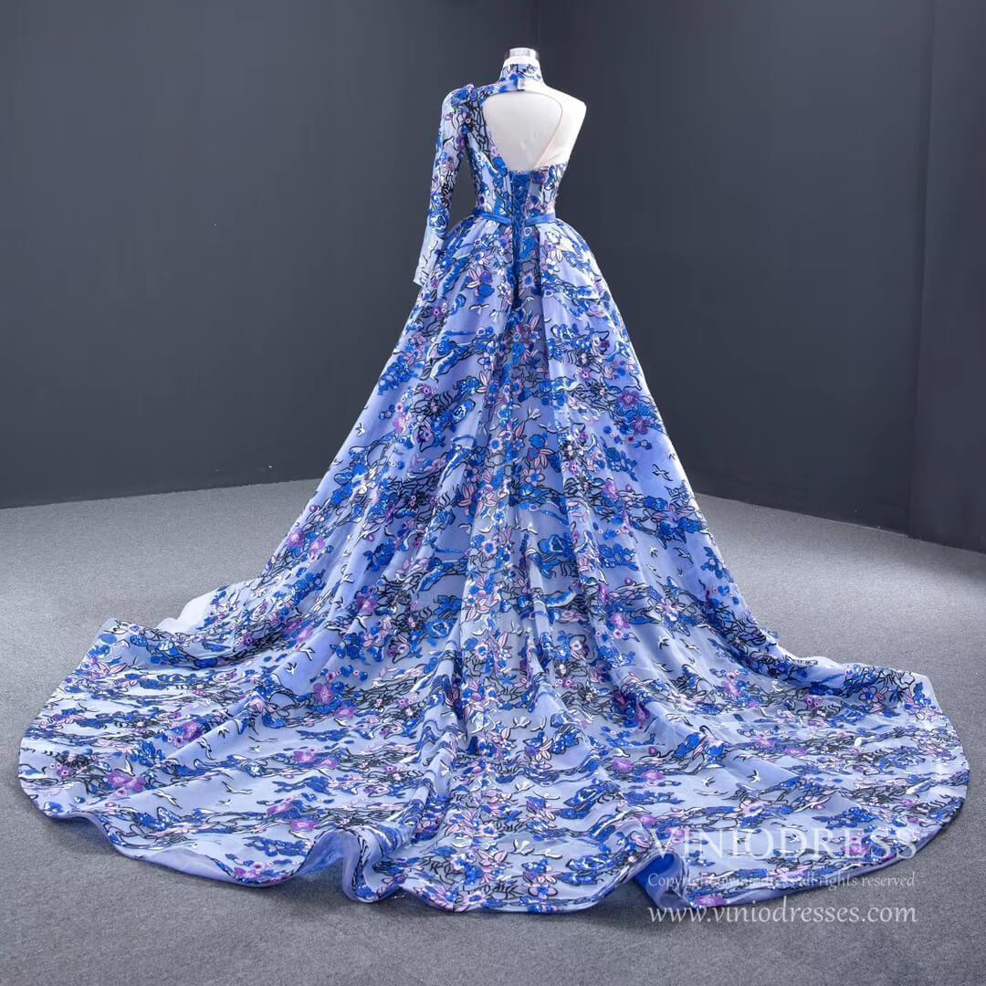 Prom Dress 2025 Vintage Royal Blue Floral Lace Pageant Gown One Shoulder Long Sleeve Formal Dress 67028-unique prom dresses-As Picture-Custom Size-Viniodress