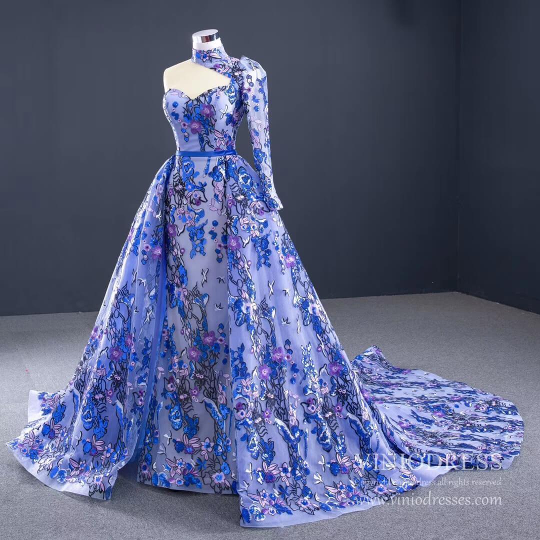 Prom Dress 2025 Vintage Royal Blue Floral Lace Pageant Gown One Shoulder Long Sleeve Formal Dress 67028-unique prom dresses-As Picture-Custom Size-Viniodress