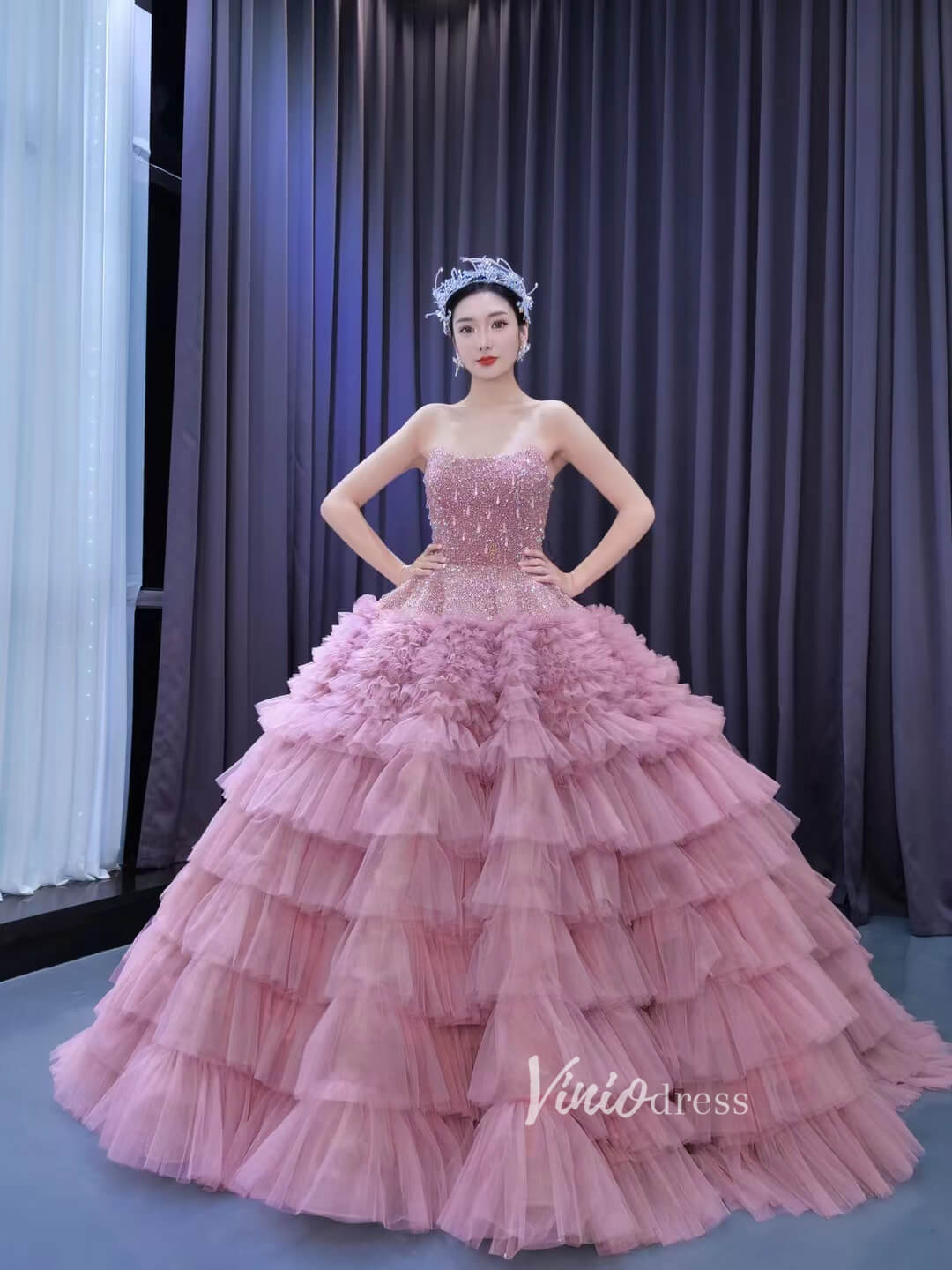 Vintage Ruffle Ball Gowns Dusty Rose Layered Wedding Dresses 222221-Quinceanera Dresses 2025 -Viniodress-Dusty Rose-Custom Size-