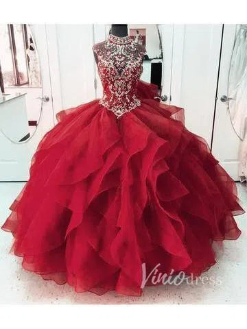 High Neck Beaded Ball Gowns Vintage Quinceanera Dress FD1315-prom dresses 2025 -Viniodress-Red-Custom Size-