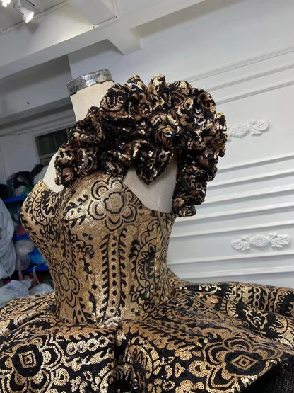 Vintage Ruffled Black Ball Gown One Shoulder Quince Dress 66914 viniodress-prom dresses 2025 -Viniodress-Black-Custom Size-