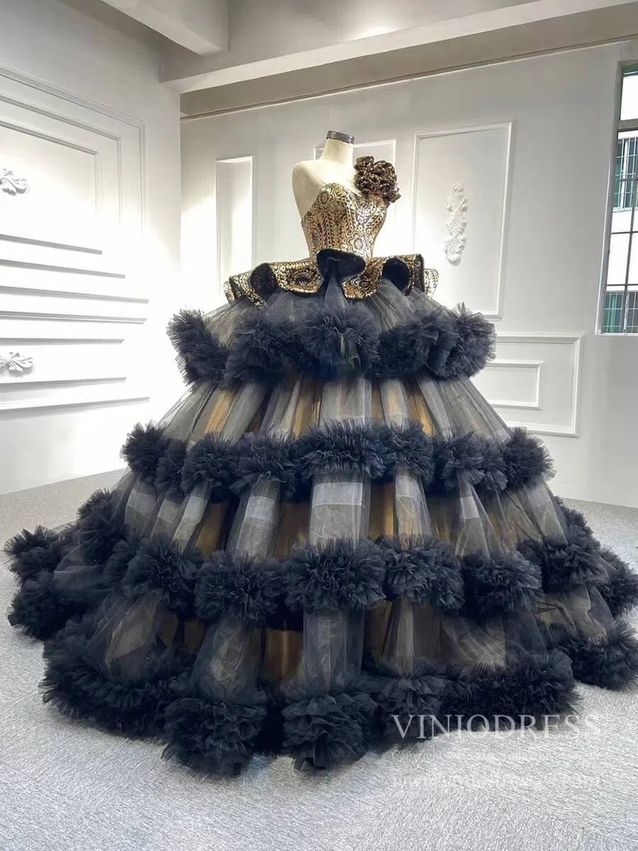 Vintage Ruffled Black Ball Gown One Shoulder Quince Dress 66914 viniodress-prom dresses 2025 -Viniodress-Black-Custom Size-