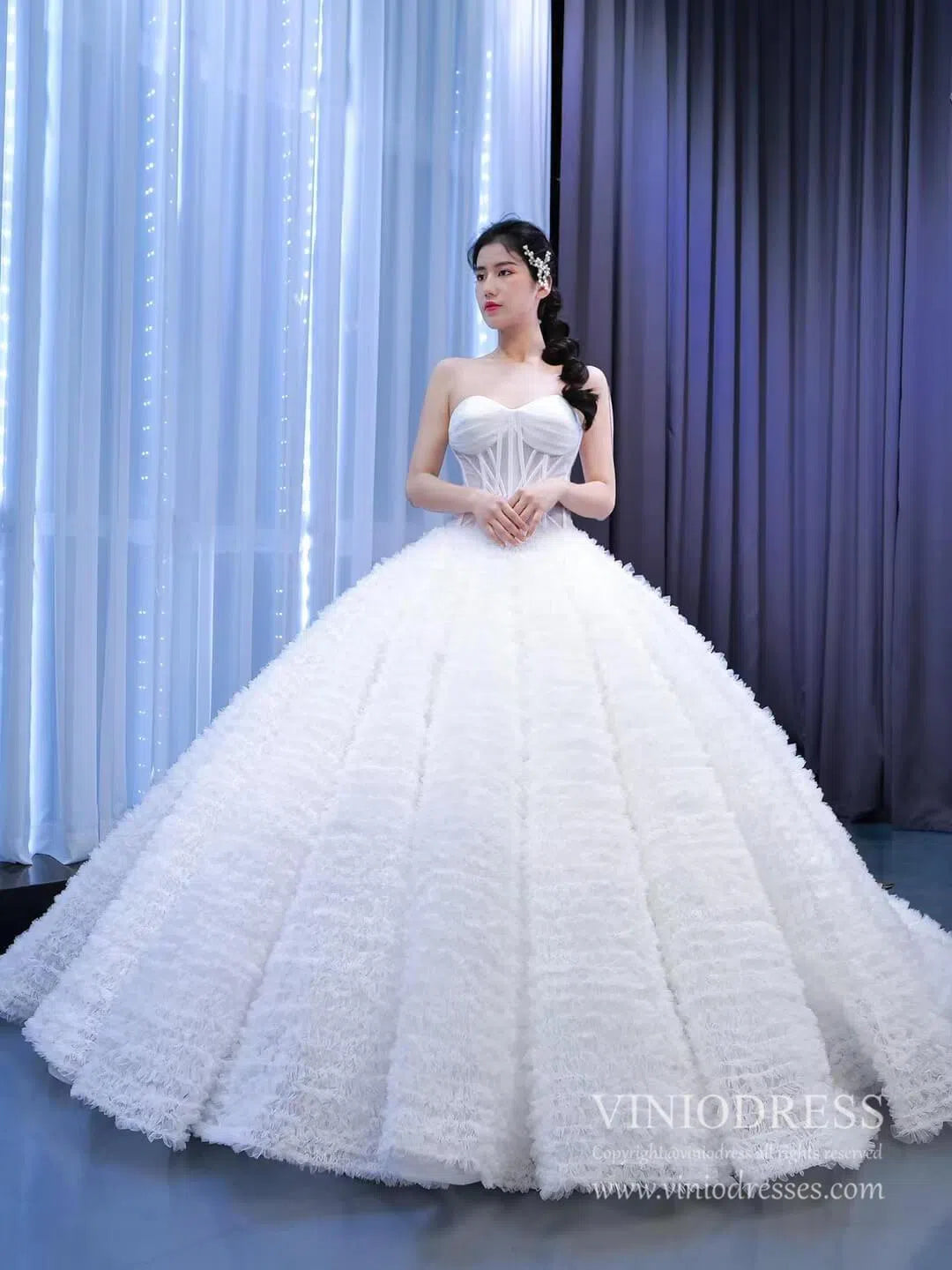 Vintage Ruffled Tulle Princess Ball Gown Strapless Red Quince Dress 67301 viniodress-wedding dresses 2025 -Viniodress-Ivory-Custom Size-