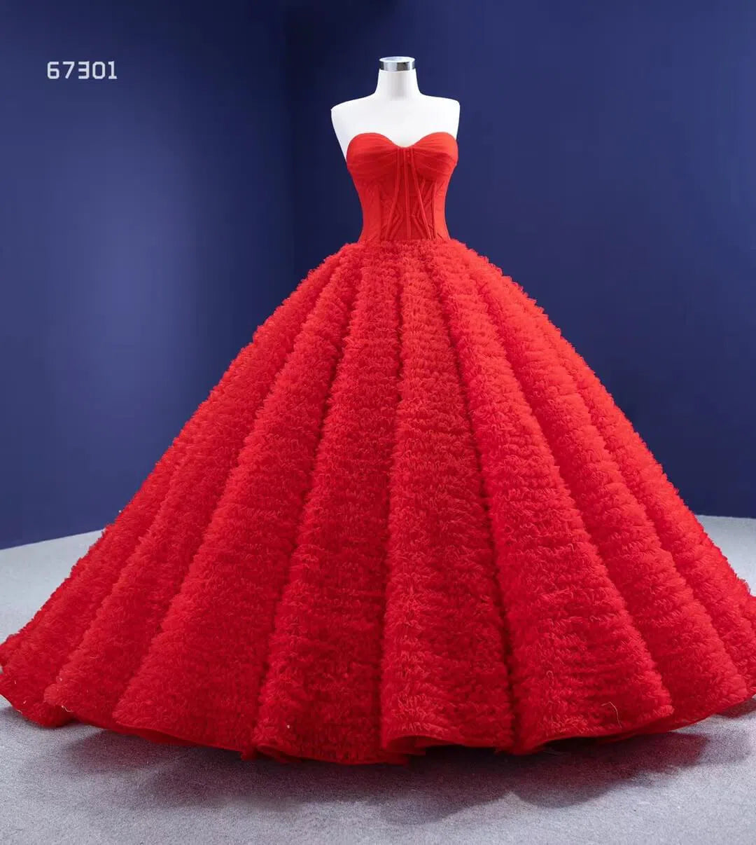 Vintage Ruffled Tulle Princess Ball Gown Strapless Red Quince Dress 67301 viniodress-wedding dresses 2025 -Viniodress-Red-Custom Size-