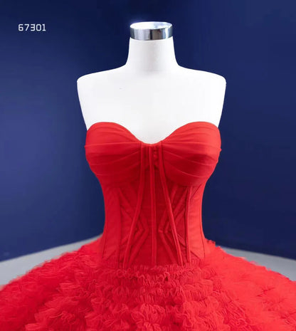 Vintage Ruffled Tulle Princess Ball Gown Strapless Red Quince Dress 67301 viniodress-wedding dresses 2025 -Viniodress-Red-Custom Size-