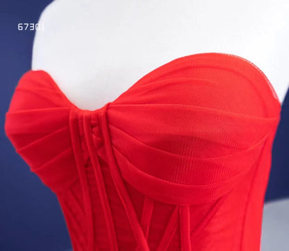 Vintage Ruffled Tulle Princess Ball Gown Strapless Red Quince Dress 67301 viniodress-wedding dresses 2025 -Viniodress-Red-Custom Size-