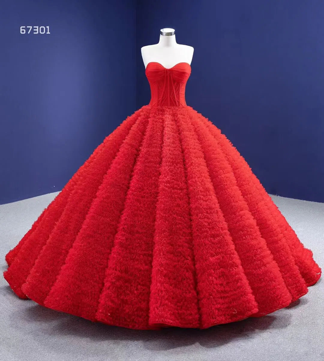 Vintage Ruffled Tulle Princess Ball Gown Strapless Red Quince Dress 67301 viniodress-wedding dresses 2025 -Viniodress-Red-Custom Size-