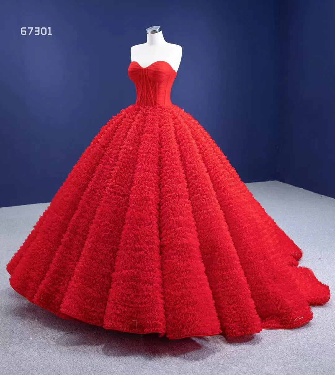 Vintage Ruffled Tulle Princess Ball Gown Strapless Red Quince Dress 67301 viniodress-wedding dresses 2025 -Viniodress-Red-Custom Size-