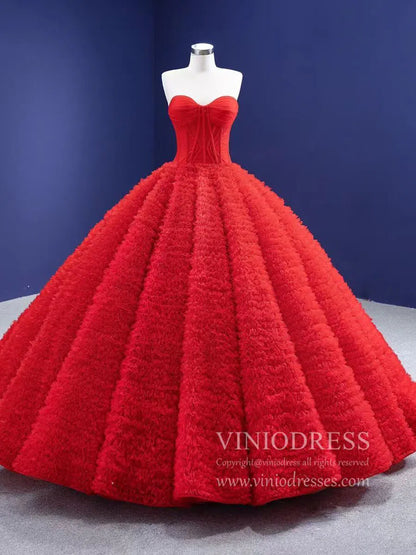 Vintage Ruffled Tulle Princess Ball Gown Strapless Red Quince Dress 67301 viniodress-wedding dresses 2025 -Viniodress-Red-Custom Size-
