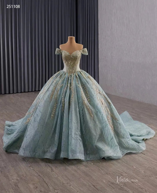 Vintage Sage Blue Quinceañera Dress | Off-Shoulder Ball Gown with Gold Appliques & Basque Waistline 251108-Quinceanera Dresses 2025 -Viniodress-Sage Blue-Custom Size-