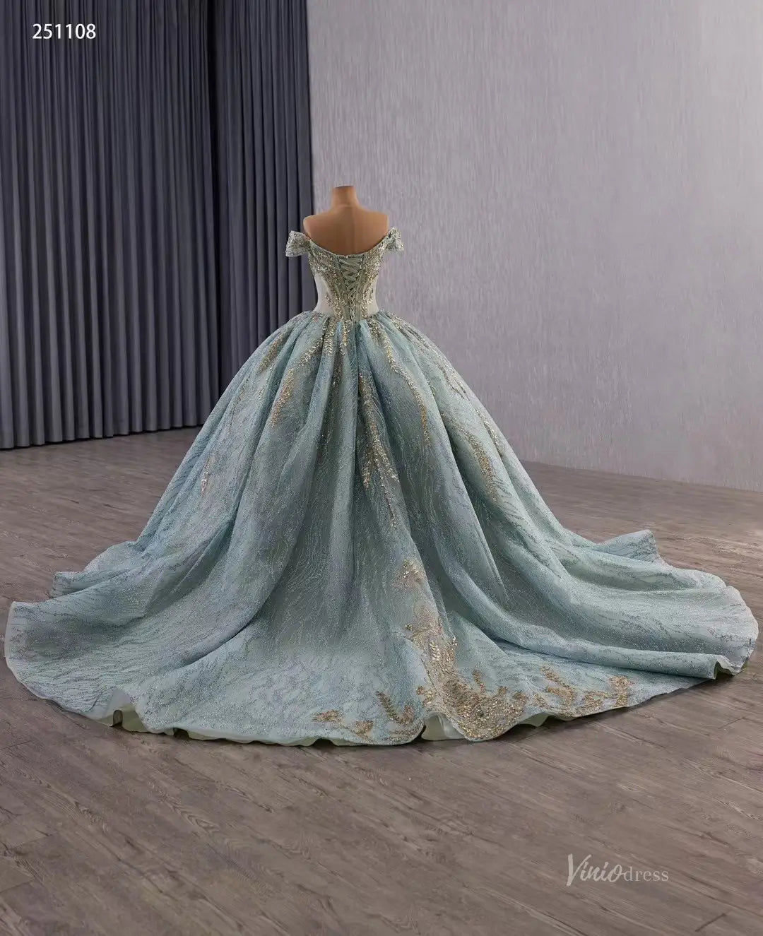 Vintage Sage Blue Quinceañera Dress | Off-Shoulder Ball Gown with Gold Appliques & Basque Waistline 251108-Quinceanera Dresses 2025 -Viniodress-Sage Blue-Custom Size-