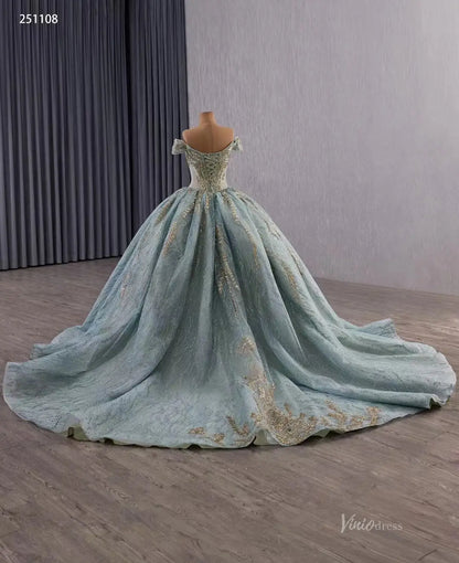 Vintage Sage Blue Quinceañera Dress | Off-Shoulder Ball Gown with Gold Appliques & Basque Waistline 251108-Quinceanera Dresses 2025 -Viniodress-Sage Blue-Custom Size-