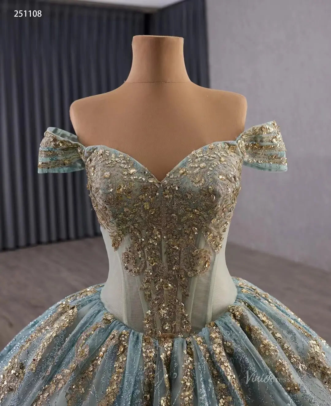 Vintage Sage Blue Quinceañera Dress | Off-Shoulder Ball Gown with Gold Appliques & Basque Waistline 251108-Quinceanera Dresses 2025 -Viniodress-Sage Blue-Custom Size-
