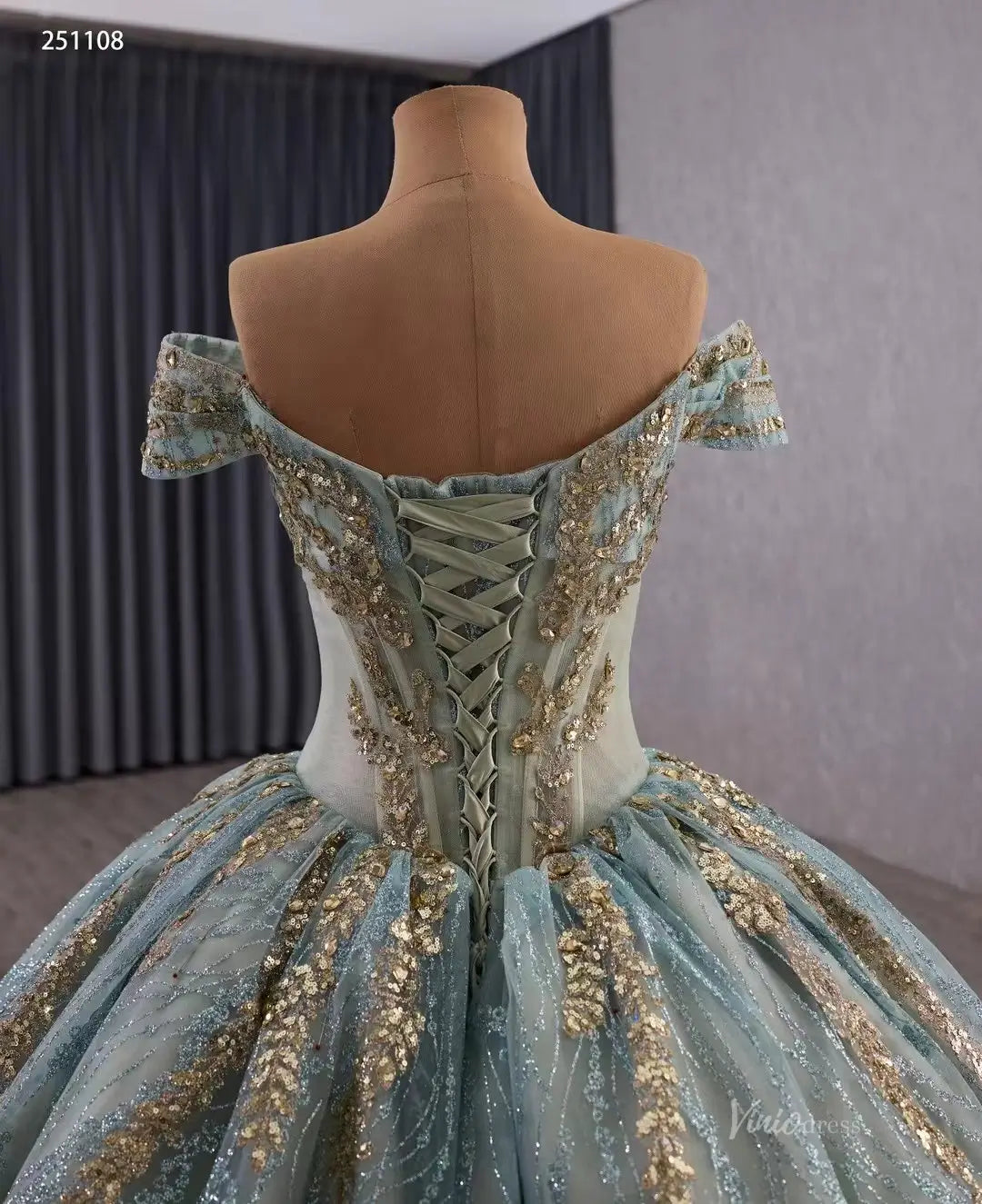 Vintage Sage Blue Quinceañera Dress | Off-Shoulder Ball Gown with Gold Appliques & Basque Waistline 251108-Quinceanera Dresses 2025 -Viniodress-Sage Blue-Custom Size-