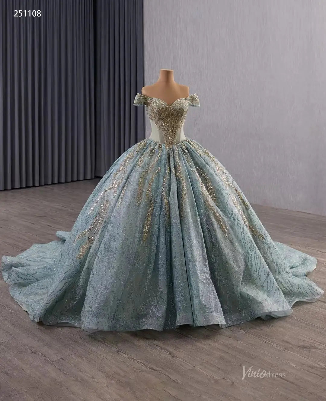 Vintage Sage Blue Quinceañera Dress | Off-Shoulder Ball Gown with Gold Appliques & Basque Waistline 251108-Quinceanera Dresses 2025 -Viniodress-Sage Blue-Custom Size-