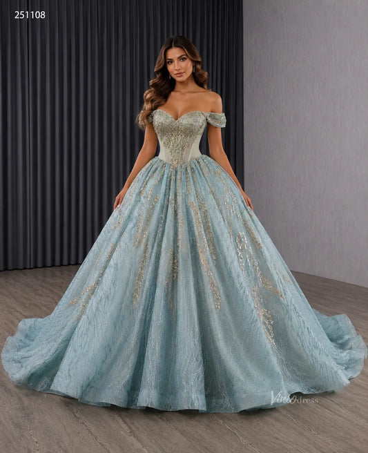 Vintage Sage Blue Quinceañera Dress | Off-Shoulder Ball Gown with Gold Appliques & Basque Waistline 251108-Quinceanera Dresses 2026-Viniodress-Sage Blue-Custom Size – Add Measurements in Cart-