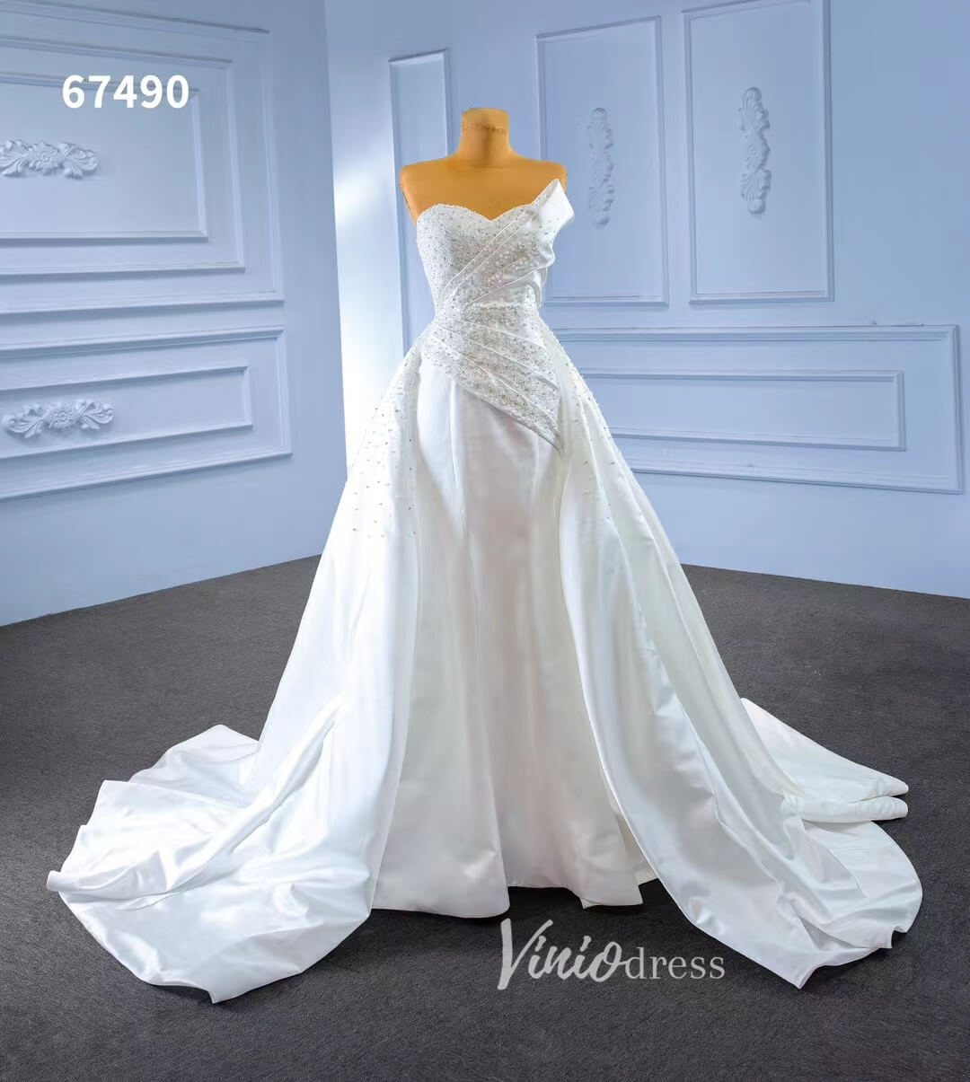 Vintage Satin Strapless Wedding Dresses with Overskirt 67490-wedding dresses 2025 -Viniodress-Ivory-Custom Size-
