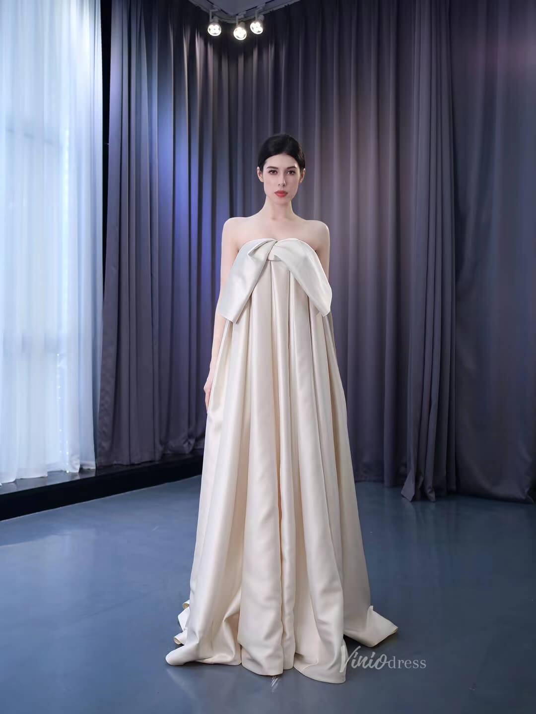 Vintage Satin Wedding Dresses Strapless Bishop Formal Dress 231060-wedding dresses 2025 -Viniodress-Champagne-Custom Size-