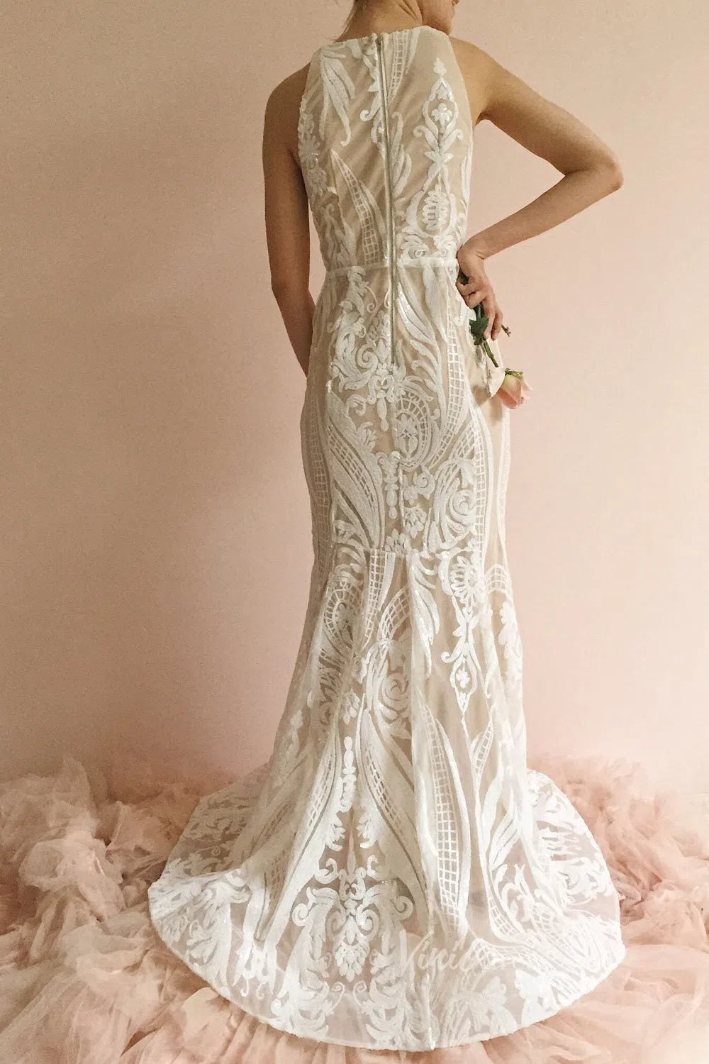 Vintage Sheath Wedding Dress Plunging V-neck VW1391-wedding dresses-Viniodress-Viniodress