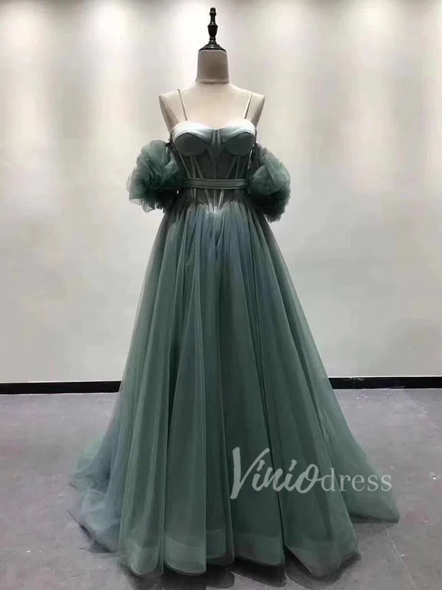 Vintage Spaghetti Strap Long Prom Dresses Ivory Boho Wedding Dress FD1593-prom dresses 2025 -Viniodress-Green-Custom Size-