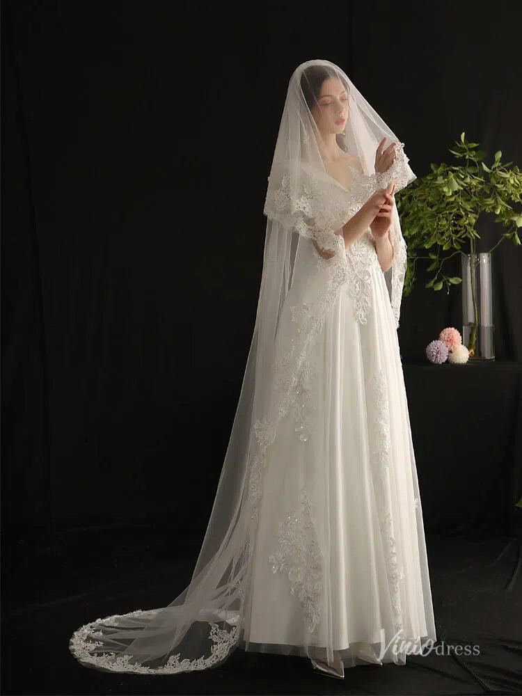 Vintage Spanish Mantilla Veil with Blusher Viniodress AC1305-Bridal Veil 2025 -Viniodress-Ivory-
