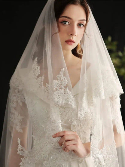 Vintage Spanish Mantilla Veil with Blusher Viniodress AC1305-Bridal Veil 2025 -Viniodress-Ivory-