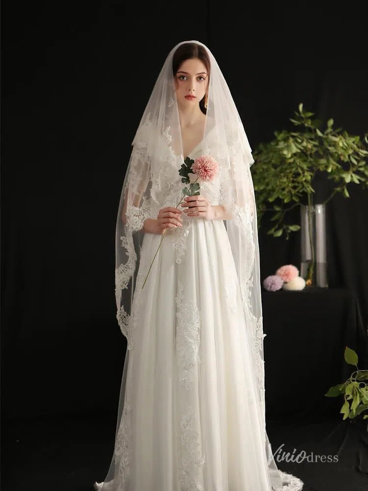 Vintage Spanish Mantilla Veil with Blusher Viniodress AC1305-Bridal Veil 2025 -Viniodress-Ivory-