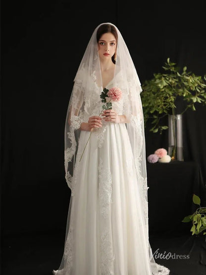 Vintage Spanish Mantilla Veil with Blusher Viniodress AC1305-Bridal Veil 2025 -Viniodress-Ivory-