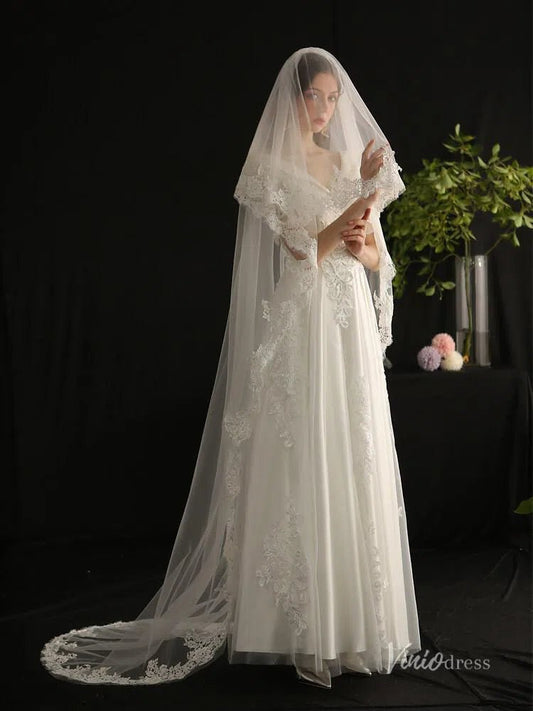 Vintage Spanish Mantilla Veil with Blusher Viniodress AC1305-Bridal Veil 2025 -Viniodress-Ivory-