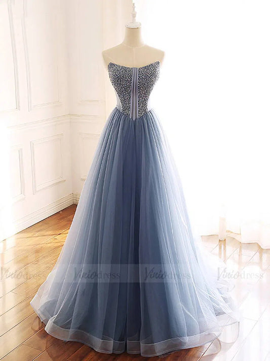 Vintage Strapless Beaded Slate Blue Prom Dresses Long FD1659-prom dresses 2025 -Viniodress-Slate Blue-Custom Size-