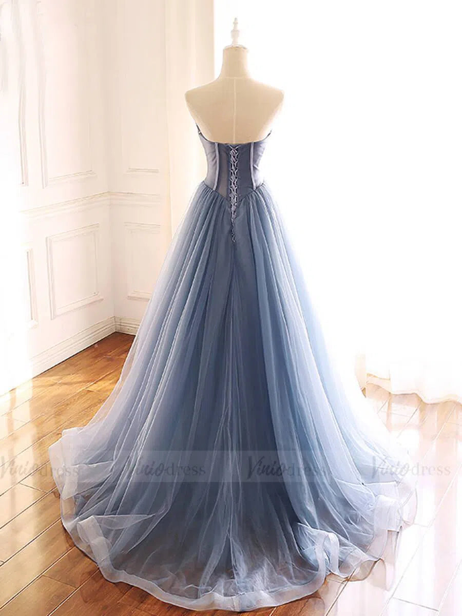 Prom Dress 2025 Vintage Strapless Beaded Slate Blue Prom Dresses Long FD1659-unique prom dresses-Slate Blue-Custom Size-Viniodress