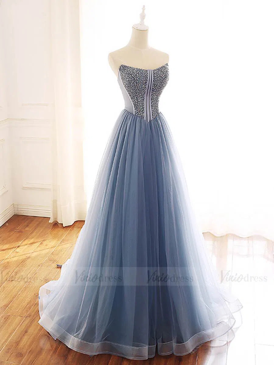 Prom Dress 2025 Vintage Strapless Beaded Slate Blue Prom Dresses Long FD1659-unique prom dresses-Slate Blue-Custom Size-Viniodress