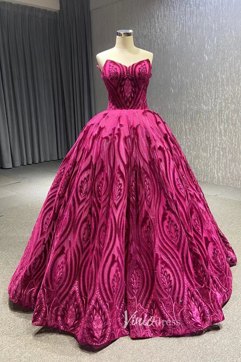 Vintage Strapless Magenta Lace Ball Gown Quinceanera Dress 66723 viniodress-prom dresses-Viniodress-Viniodress