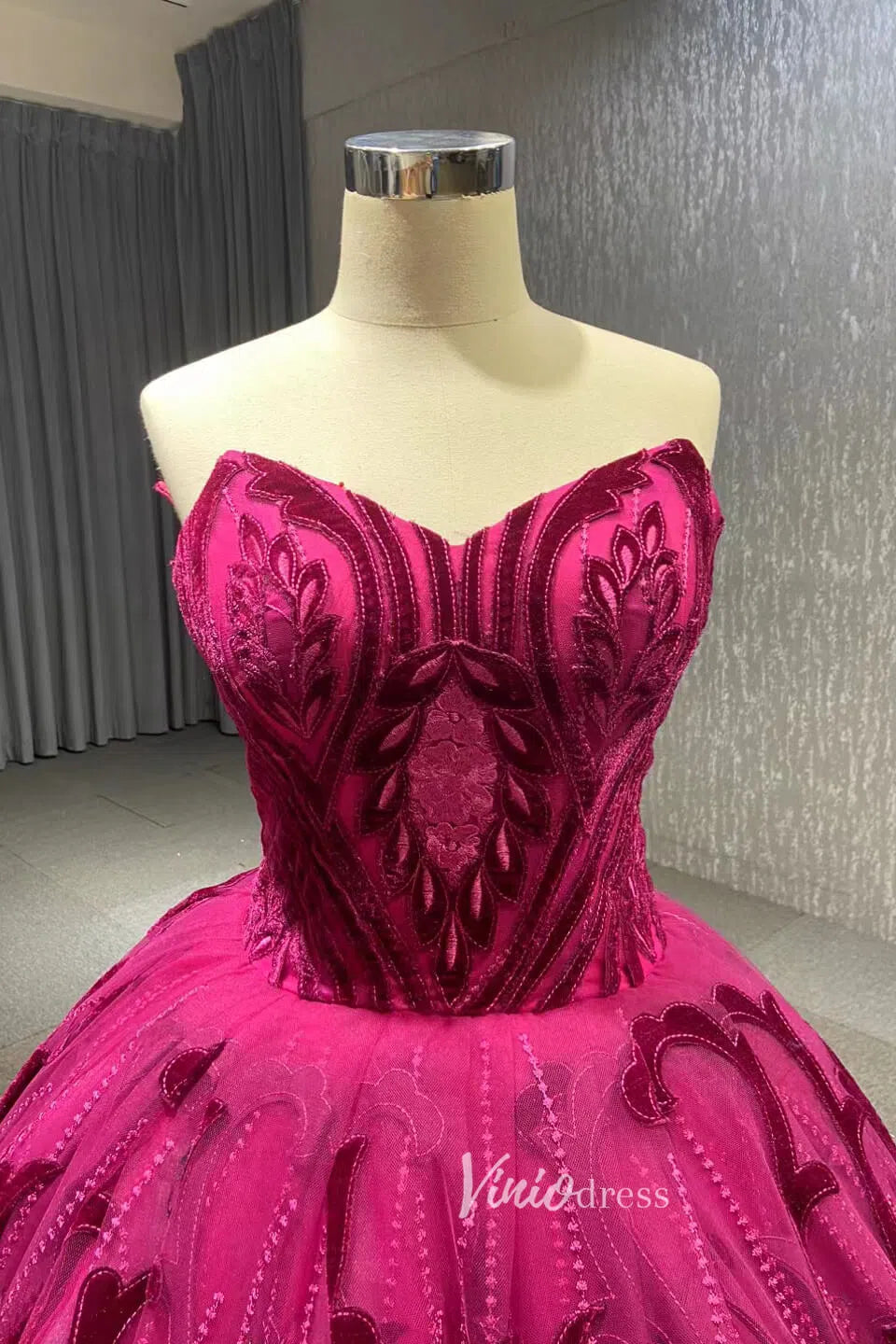 Vintage Strapless Magenta Lace Ball Gown Quinceanera Dress 66723 viniodress-prom dresses-Viniodress-Viniodress