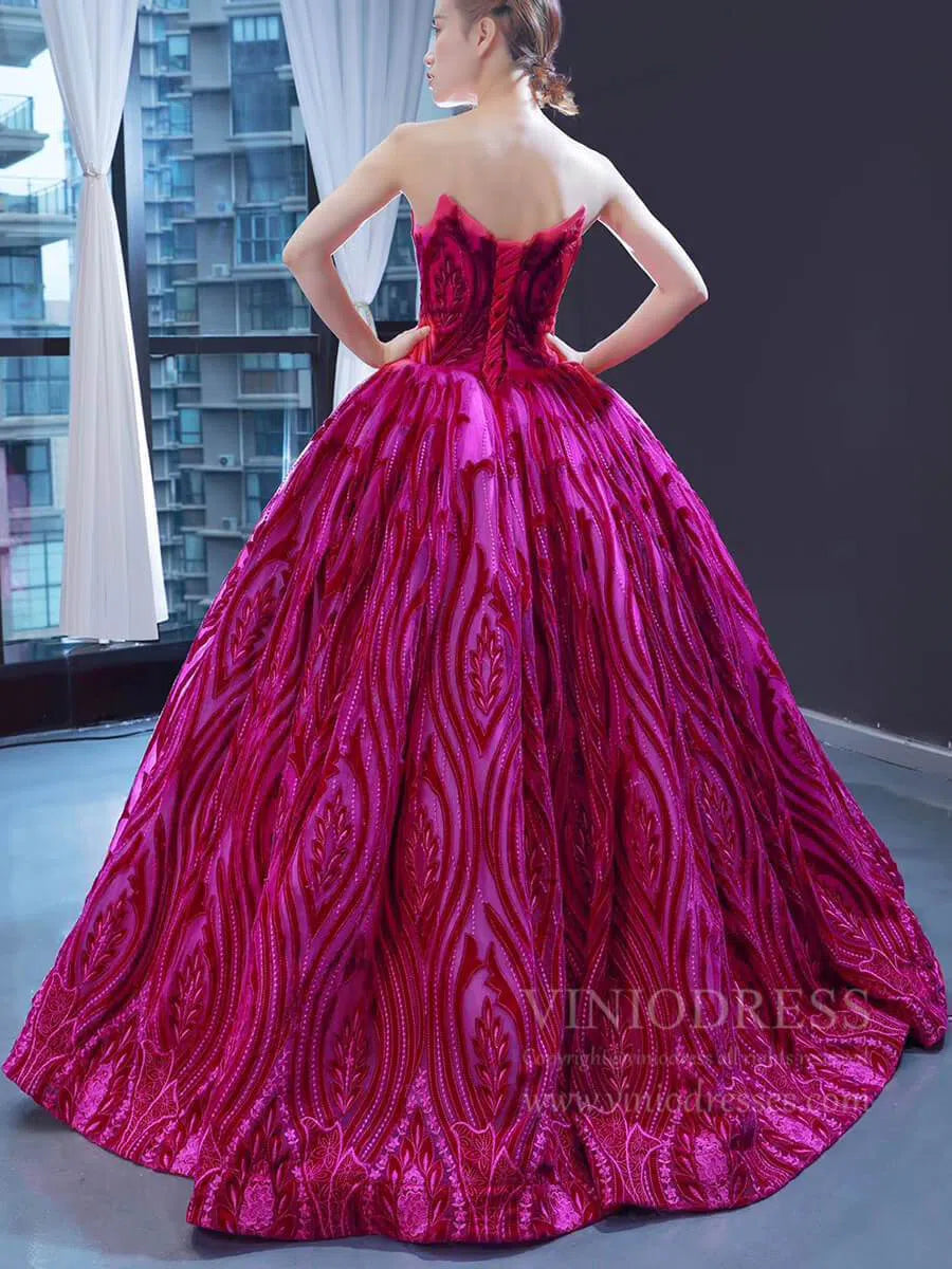 Prom Dress 2025 Vintage Strapless Magenta Lace Ball Gown Quinceanera Dress 66723 viniodress-unique prom dresses-Magenta-Custom Size-Viniodress