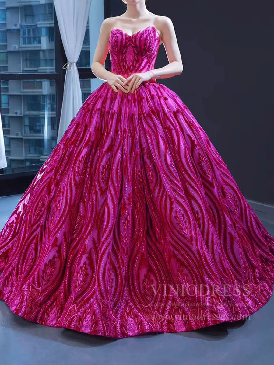 Vintage Strapless Magenta Lace Ball Gown Quinceanera Dress 66723 viniodress-prom dresses-Viniodress-Viniodress