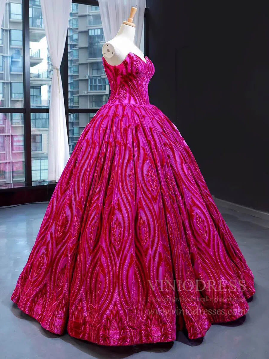 Vintage Strapless Magenta Lace Ball Gown Quinceanera Dress 66723 viniodress-prom dresses-Viniodress-Viniodress