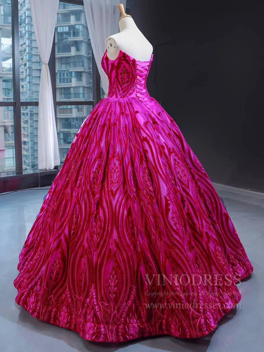 Vintage Strapless Magenta Lace Ball Gown Quinceanera Dress 66723 viniodress-prom dresses-Viniodress-Viniodress