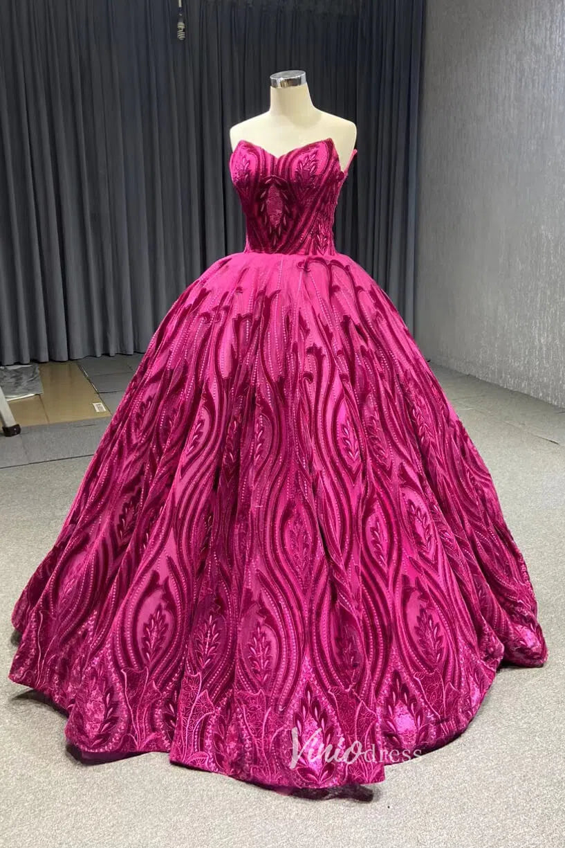 Vintage Strapless Magenta Lace Ball Gown Quinceanera Dress 66723 viniodress-prom dresses-Viniodress-Viniodress