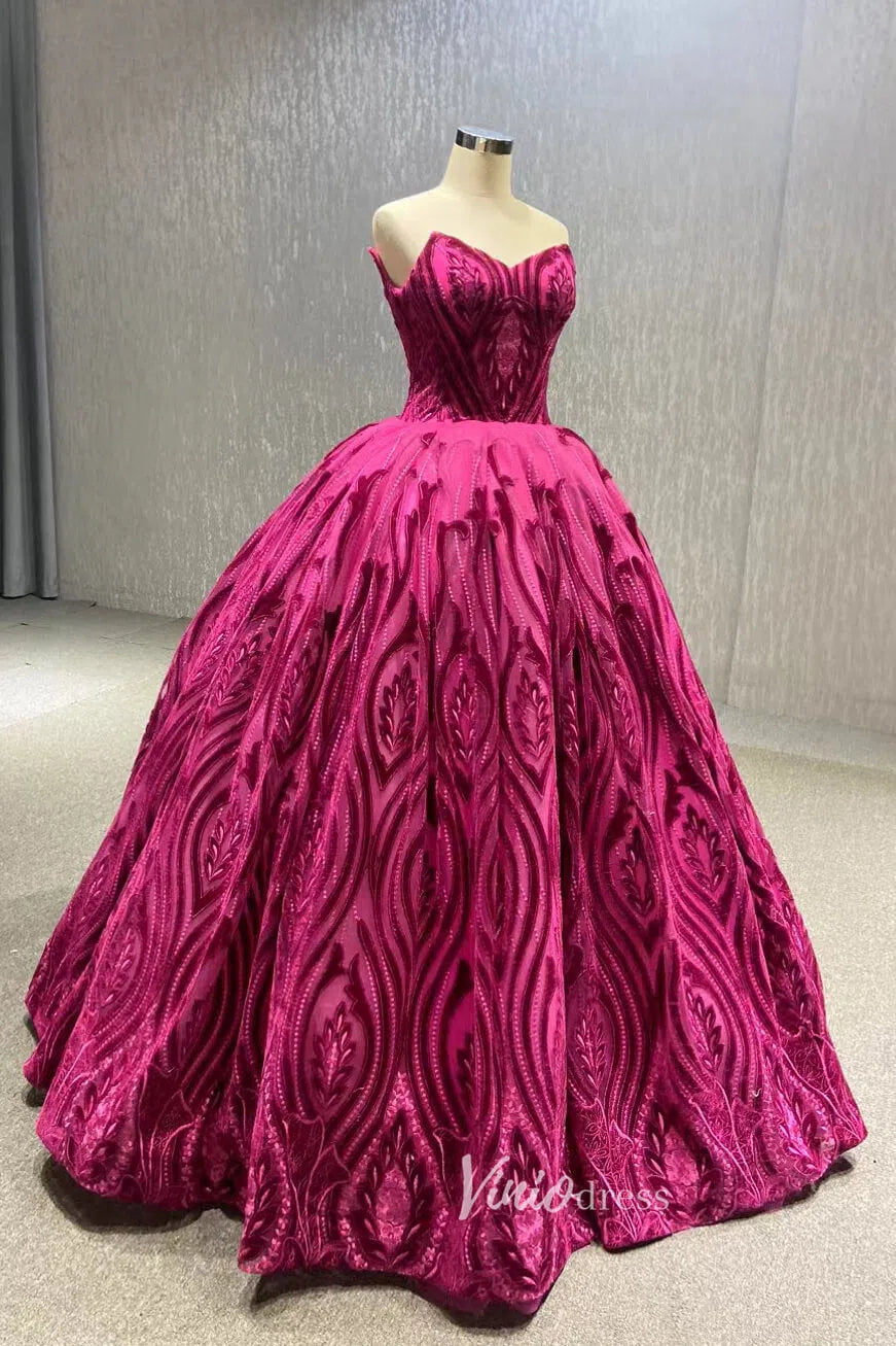 Vintage Strapless Magenta Lace Ball Gown Quinceanera Dress 66723 viniodress-prom dresses-Viniodress-Viniodress