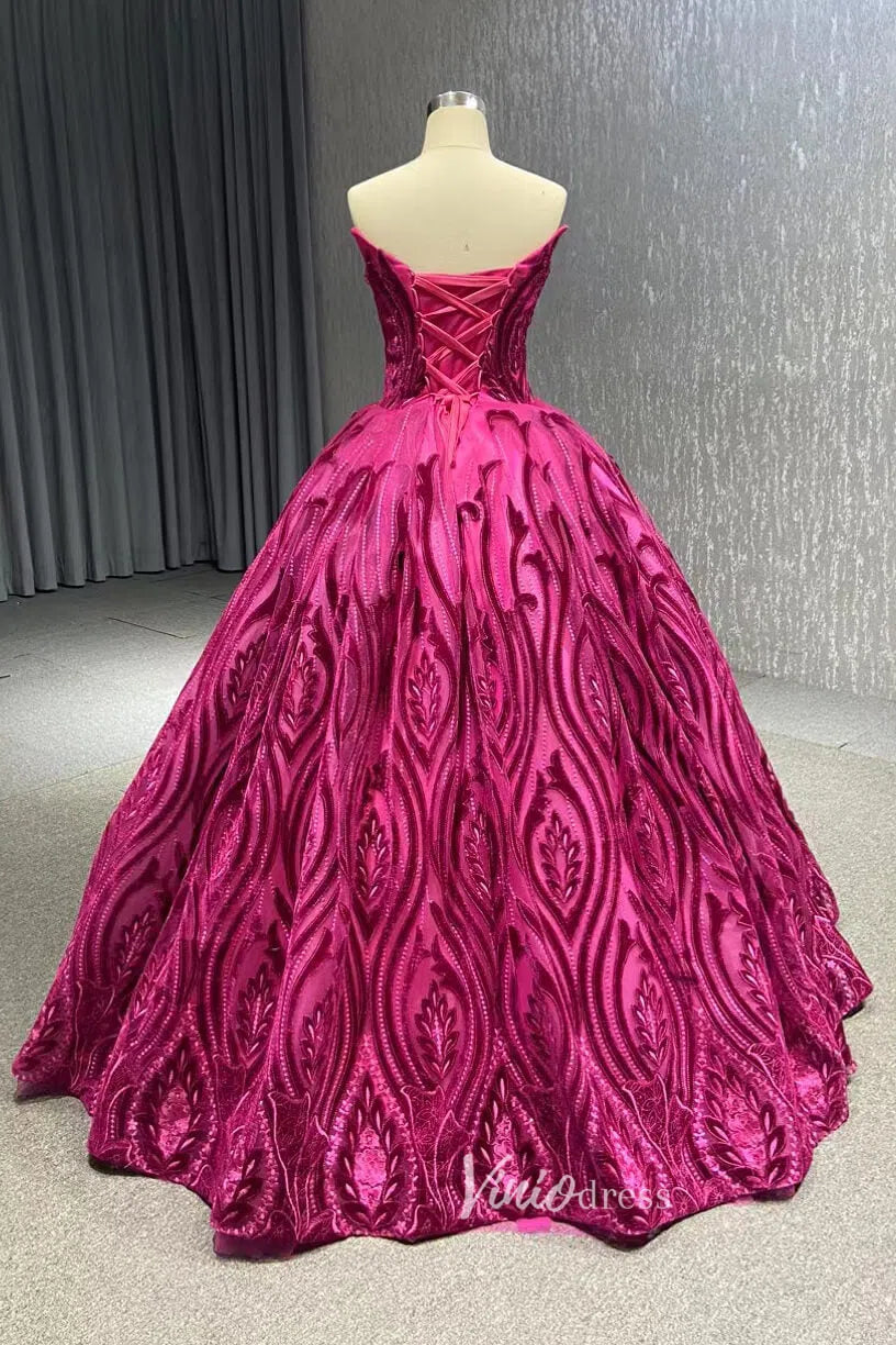 Vintage Strapless Magenta Lace Ball Gown Quinceanera Dress 66723 viniodress-prom dresses-Viniodress-Viniodress