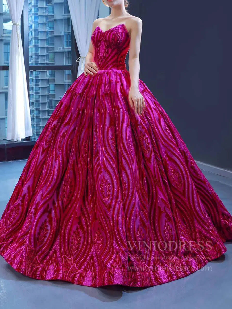 Vintage Strapless Magenta Lace Ball Gown Quinceanera Dress 66723 viniodress-prom dresses-Viniodress-Magenta-Custom Size-Viniodress