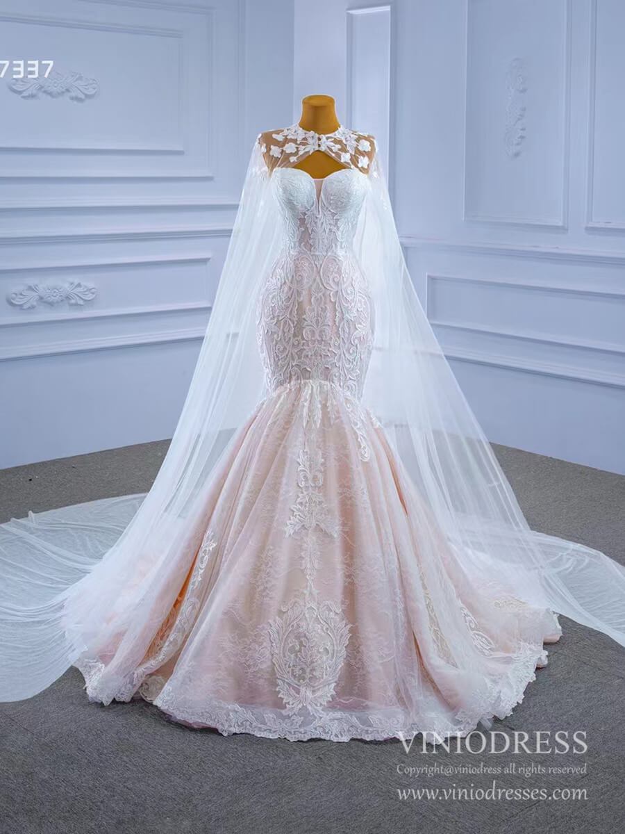 Vintage Strapless Mermaid Lace Wedding Dresses with High Neck Cape 67337-wedding dresses 2025 -Viniodress-Blush-Custom Size-
