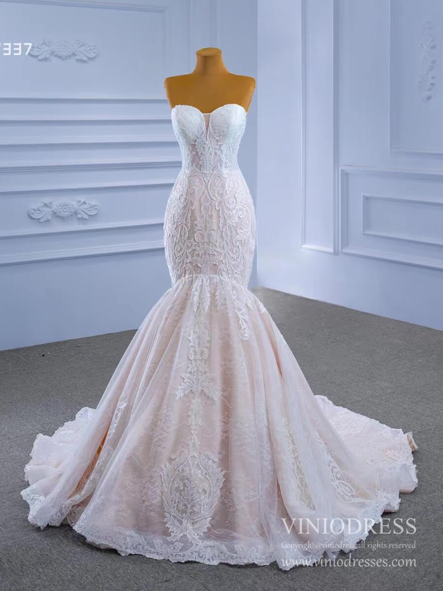 Vintage Strapless Mermaid Lace Wedding Dresses with High Neck Cape 67337-wedding dresses 2025 -Viniodress-Blush-Custom Size-