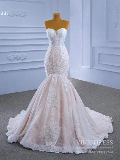 Vintage Strapless Mermaid Lace Wedding Dresses with High Neck Cape 67337-wedding dresses 2025 -Viniodress-Blush-Custom Size-