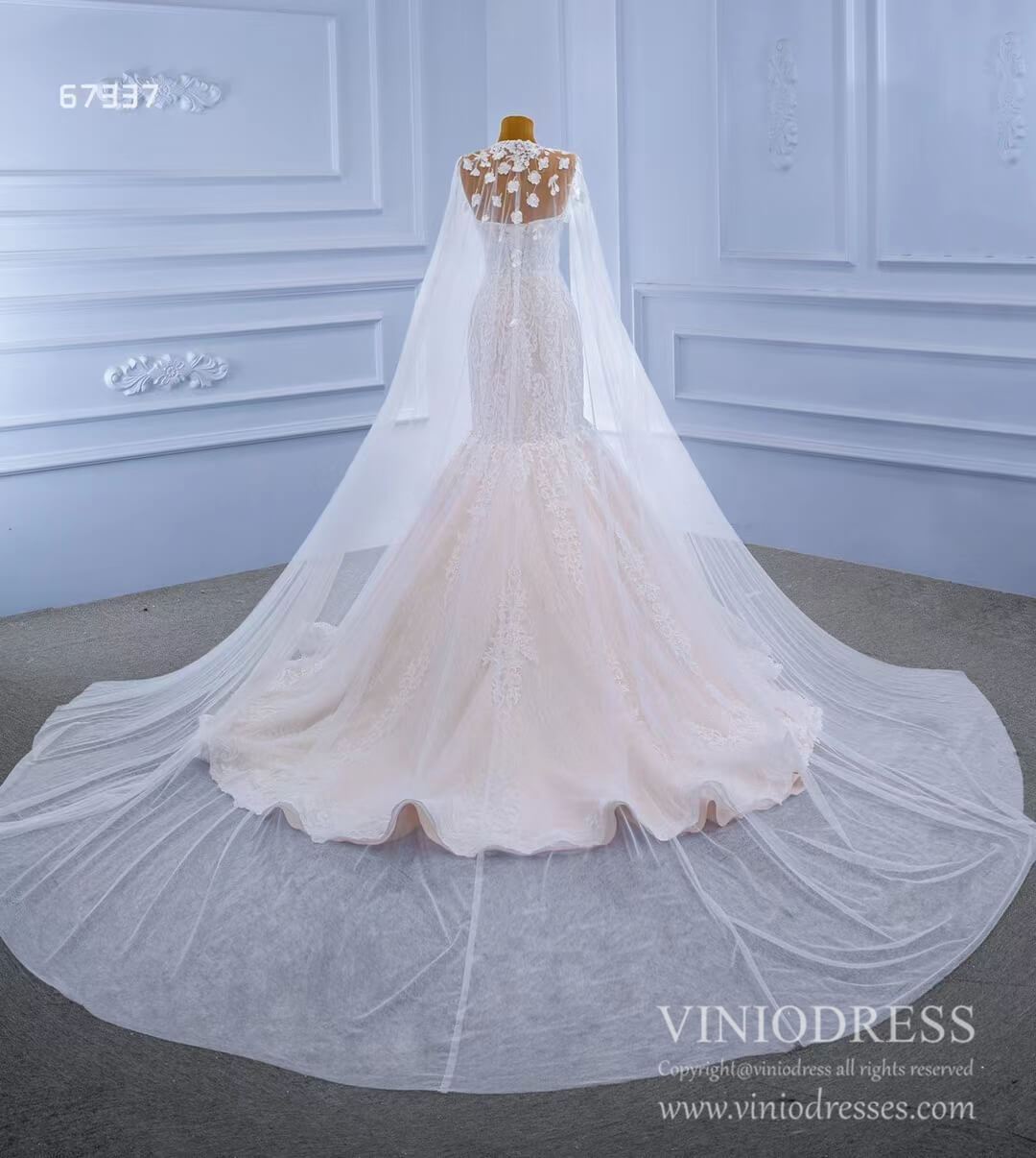 Vintage Strapless Mermaid Lace Wedding Dresses with High Neck Cape 67337-wedding dresses 2025 -Viniodress-Blush-Custom Size-