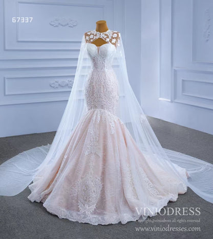 Vintage Strapless Mermaid Lace Wedding Dresses with High Neck Cape 67337-wedding dresses 2025 -Viniodress-Blush-Custom Size-