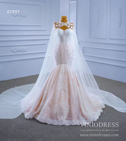 Vintage Strapless Mermaid Lace Wedding Dresses with High Neck Cape 67337-wedding dresses 2025 -Viniodress-Blush-Custom Size-