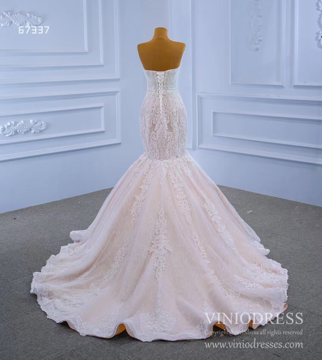 Vintage Strapless Mermaid Lace Wedding Dresses with High Neck Cape 67337-wedding dresses 2025 -Viniodress-Blush-Custom Size-