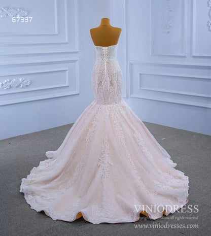 Vintage Strapless Mermaid Lace Wedding Dresses with High Neck Cape 67337-wedding dresses 2025 -Viniodress-Blush-Custom Size-